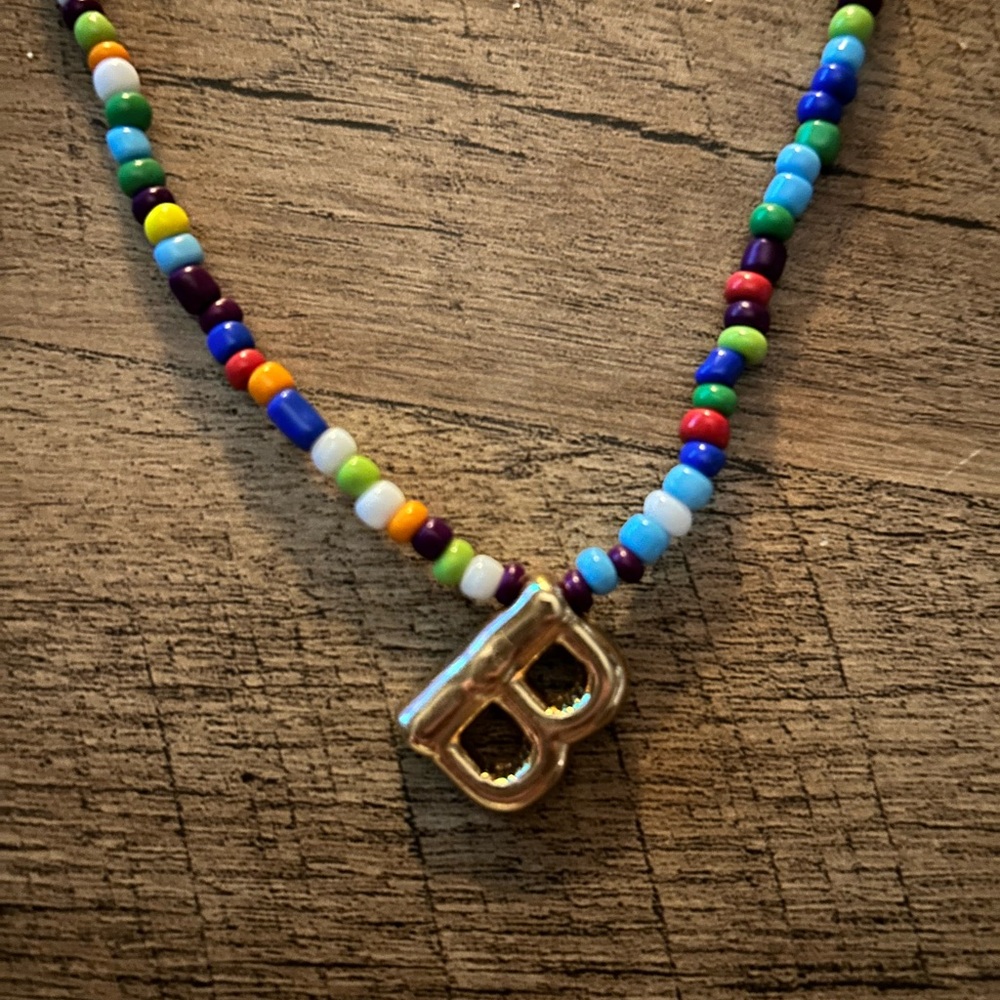 Colorful Beaded Necklace with Gold  tone Initial B Bubble Letter Pendant